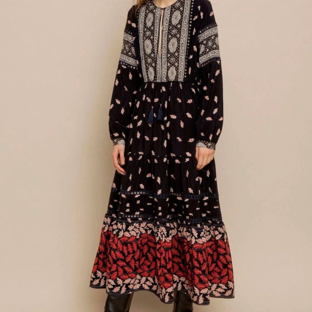 Sea New York Eloise Boho Fall Leaves Long Sleeve Tassel Tie Silk Midi Dress 2 - Picture 3 of 13